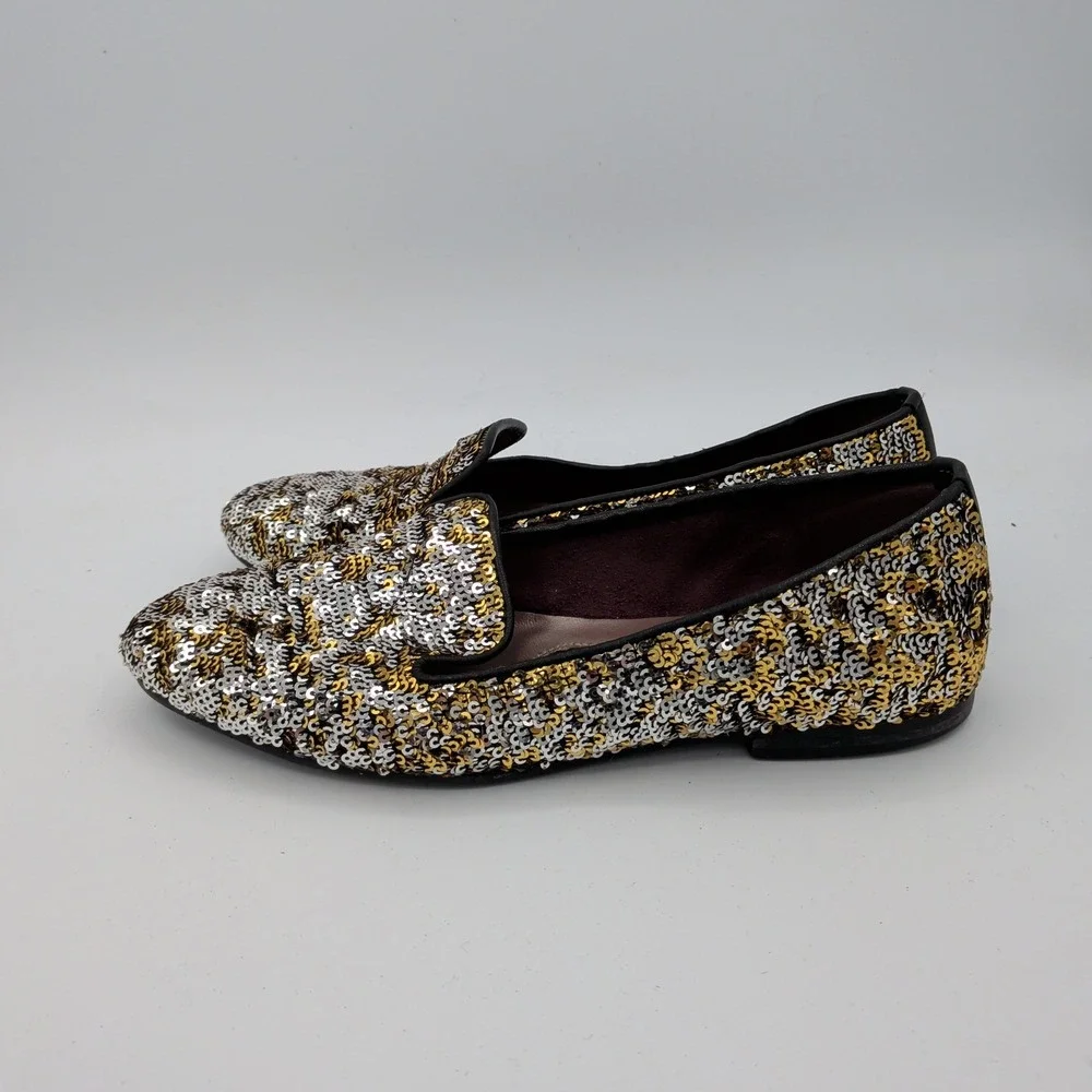Handmade Italian Sequin Flats Gold Silver Loafers Smoking Slippers‎ EU 38 7.5-8
